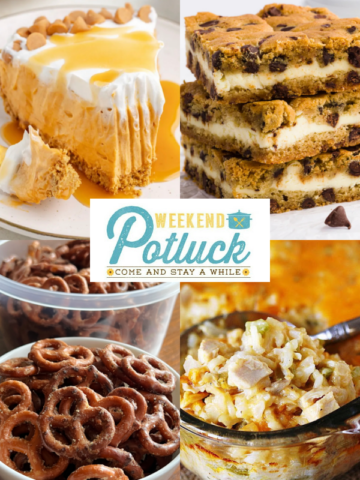 This is a four image collage showing a photo of each recipe featured this week - No Bake Butterscotch Pie, Creamy Chicken Rice Casserole, Chocolate Chip Cheesecake Bars, and Spicy Ranch Pretzels.