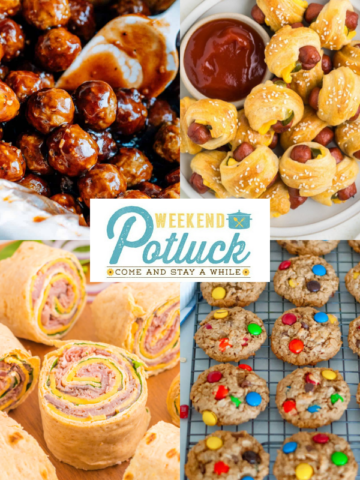 This is a four image collage showing a photo of each recipe featured this week - Crockpot Honey Garlic BBQ Meatballs, Cheeseburger Pigs in a Blanket, Soft and Chewy Monster Cookies, and High Roller Pinwheel Sandwiches.