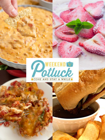 This is a four image collage showing a photo of each recipe featured this week - Strawberry Icebox Pie with Condensed Milk, Mexican Chicken Rice Casserole for Two, Crockpot Rotel Sausage Dip, and Slow Cooker French Dip Sandwiches.