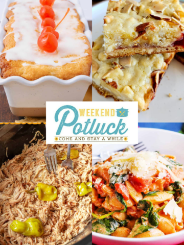 This is a four image collage showing a photo of each recipe featured this week - Moist Pineapple Bread with Pineapple Glaze, Cherry Coconut Bliss Bars, Creamy Tomato Pasta Skillet, and Crock Pot Mississippi Chicken.