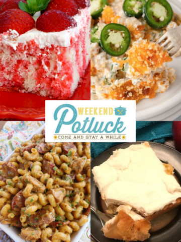 This is a four image collage showing a photo of each recipe featured this week - 2-Ingredient Apple Cake, Strawberry Jello Poke Cake, Jalapeño Popper Chicken Casserole, and Cajun Pastalaya.