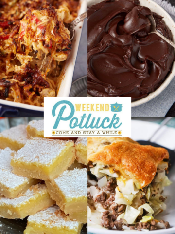 This is a four image collage showing a photo of each recipe featured this week - Chocolate Fudge Frosting (No Powdered Sugar), Runza Casserole, Sausage Mac and Cheese with Peppers and Onions, and Deluxe Lemon Bars.