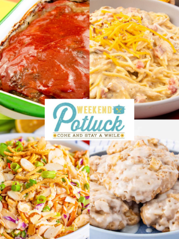 This is a four image collage showing a photo of each recipe featured this week - Old Fashioned Meatloaf, Slow Cooker Rotel Chicken Spaghetti, Baked Apple Sauce Fritters, and Creamy Asian Slaw.