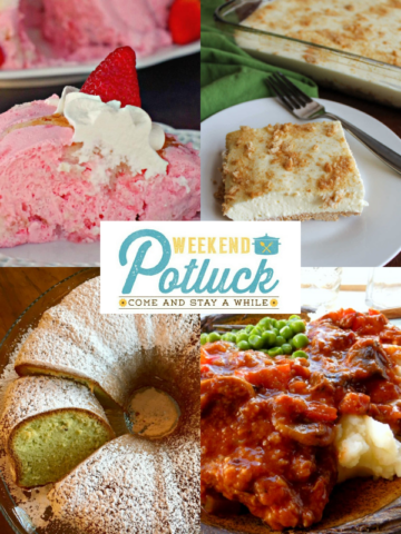 This is a four image collage showing a photo of each recipe featured this week - Strawberry Jello Angel Food Cake, Old Fashioned Swiss Steak, No Bake Woolworth Cheesecake Bars, and Easy Pistachio Bundt Cake.
