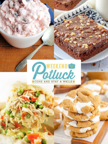This is a four image collage showing a photo of each recipe featured this week - Junk Yard Salad, Fluffernutter Cookies, Chicken Pot Pie Casserole, and Grandma's Texas Sheet Cake.