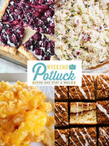 This is a four image collage showing a photo of each recipe featured this week - Chicken Salad, Blackberry Cheese Danish, Coffee Cake, and Southern Pineapple Casserole.