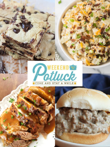 This is a four image collage showing a photo of each recipe featured this week - Davy Crockett Sandwiches, Steakhouse Potato Salad, One Bowl Chocolate Chip Blondies, and Butter-Braised Slow Cooker Pork Roast with Gravy.