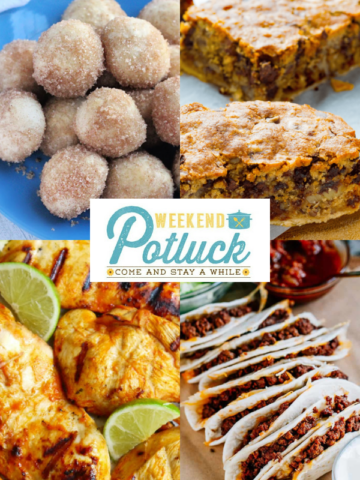 This is a four image collage showing a photo of each recipe featured -Kentucky Derby Pie Bars, Ground Beef Baked Tacos, Biscuit Donuts, and Easy Spicy Lime Garlic Chicken Marinade.