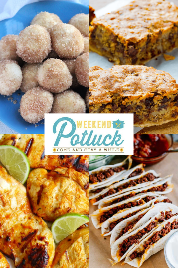 This is a four image collage showing a photo of each recipe featured -Kentucky Derby Pie Bars, Ground Beef Baked Tacos, Biscuit Donuts, and Easy Spicy Lime Garlic Chicken Marinade. 
