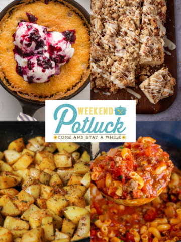 This is a four image collage showing a photo of each recipe featured this week - Pecan Crumb Cake, Best Blackberry Cobbler, Skillet Breakfast Potatoes, and Crock Pot American Goulash.