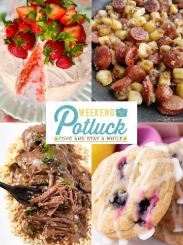 This is a four image collage showing a photo of each recipe featured this week - Crock Pot Smothered Beef Skirt Steak, Fresh Strawberry Cake, Lemon Blueberry Cookies, and Southern-Style Fried Potatoes and Sausage.