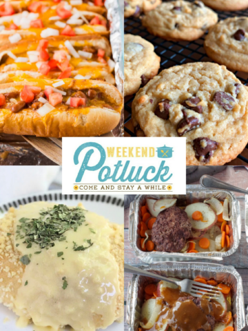 This is a four image collage showing a photo of each recipe featured this week - Chicken Pillows, Hamburger Foil Packets, Baked Chili Dogs and Easy Bisquick Chocolate Chip Cookies.