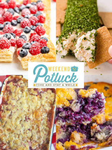 This is a four image collage showing a photo of each recipe featured this week - Sugar Cookie Peach Cobbler, Berry Puff Pastry Tart, Shrimp Dip Log, and Blueberry Cobbler.