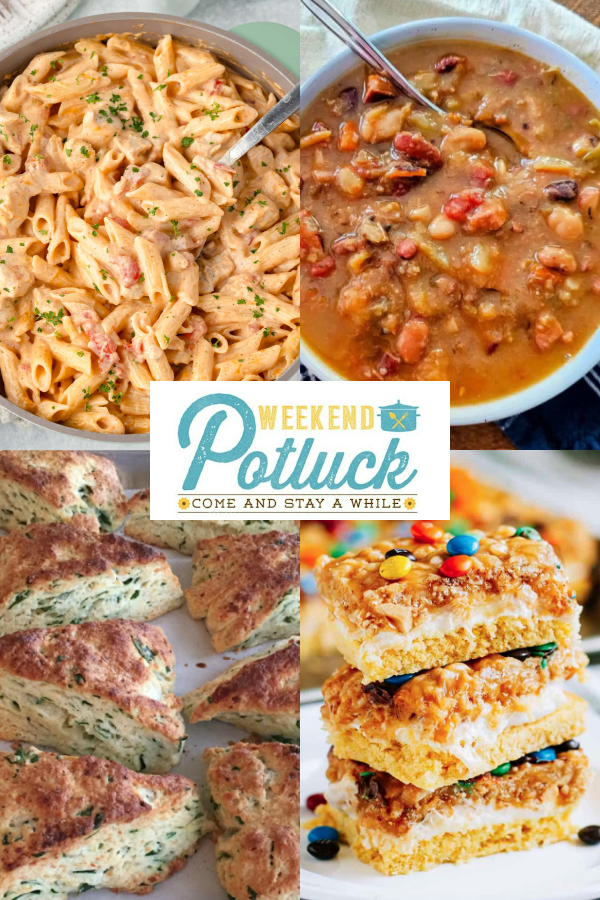 This is a four image collage showing a photo of each recipe featured this week - Rotel Chicken Pasta, Crack in a Pan, Easy and Hearty Kielbasa and 15-Bean Soup, and Spinach Feta Scones.