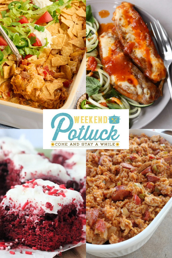This is a four image collage showing a photo of each recipe featured this week — Chicken Taco Casserole, Cheesy Stuffed Sausage, Cake Mix Brownies, and Easy Baked Jambalaya.