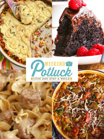 This four image collage shows a photo of each recipe featured this week — Dutch Oven Shepherd's Pie, Chocolate Raspberry Bundt Cake, Tex Mex Unstuffed Peppers, and Crock Pot Swedish Meatballs.