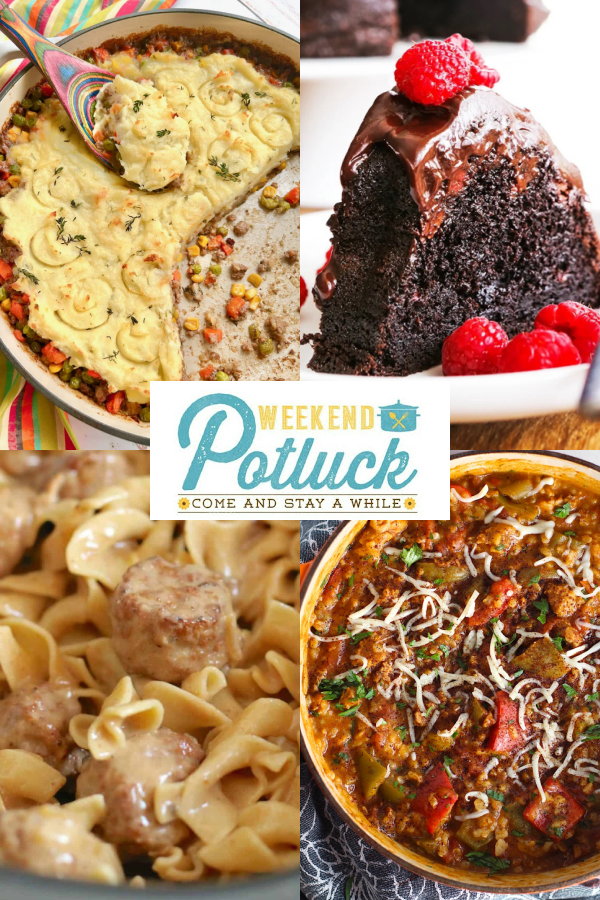 This four image collage shows a photo of each recipe featured this week — Dutch Oven Shepherd's Pie, Chocolate Raspberry Bundt Cake, Tex Mex Unstuffed Peppers, and Crock Pot Swedish Meatballs.