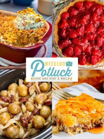 This is a four image collage showing a photo of each recipe featured this week — Chicken Terrific Casserole, McGriddle Inspired Breakfast Bake, Old-Fashioned Fresh Strawberry Pie, and Cajun Crock Pot Cabbage, Sausage and Potatoes.