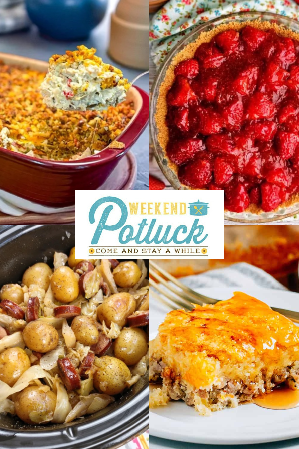 This is a four image collage showing a photo of each recipe featured this week &mdash; Chicken Terrific Casserole, McGriddle Inspired Breakfast Bake, Old-Fashioned Fresh Strawberry Pie, and Cajun Crock Pot Cabbage, Sausage and Potatoes.