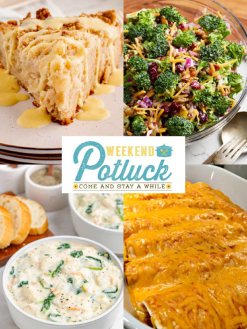 Four image collage showing a photo of each recipe featured this week — Irish Apple Cake, Broccoli Salad, Chicken Gnocchi Soup, and Easy Cheesy Beef Enchiladas.