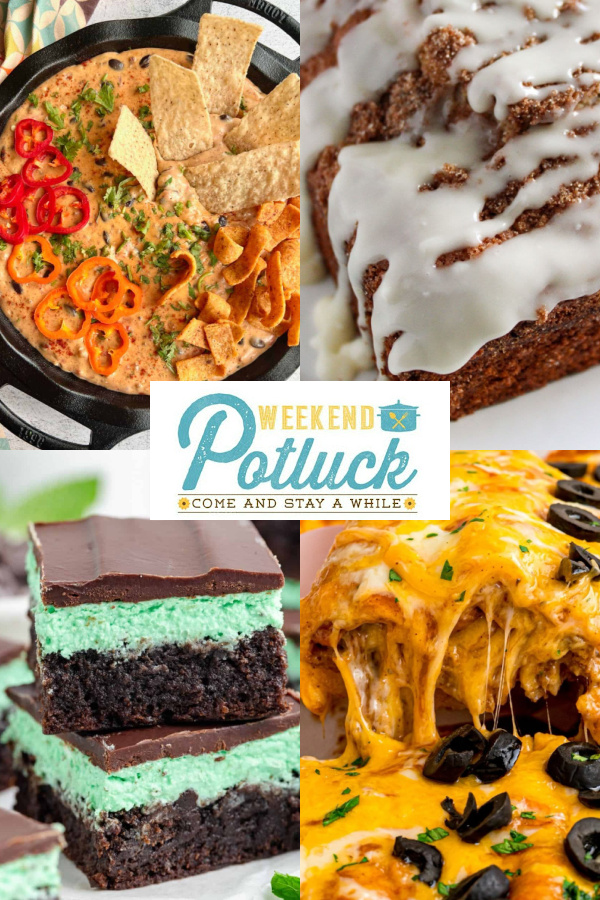 Four image collage showing a photo of each recipe featured this week -Homemade Cinnamon Bread with Icing, Cowboy Queso, Mint Brownies, and Baked Enchiritos. 