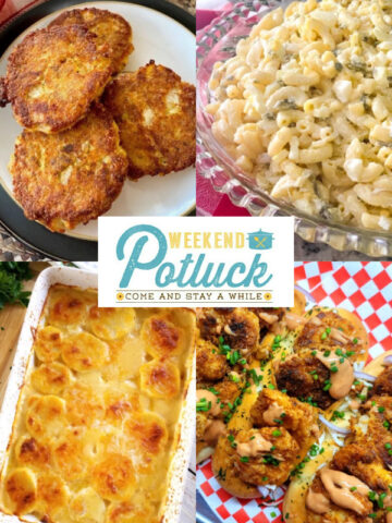 Four image collage showing a photo of each recipe featured this week -Crispy Oven-Fried Salmon Patties, Famous Macaroni Salad, Crispy Shrimp Rolls, and Super Easy Cheesy Scalloped Potatoes.