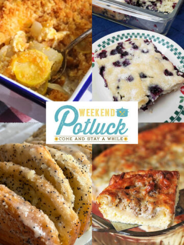 Four image collage showing a photo of each recipe featured - Exceptional Squash Casserole, Crescent Sausage and Egg Casserole, Overnight Blueberry Coffee Cake, and Lemon Poppy Seed Pull-Apart Bread.