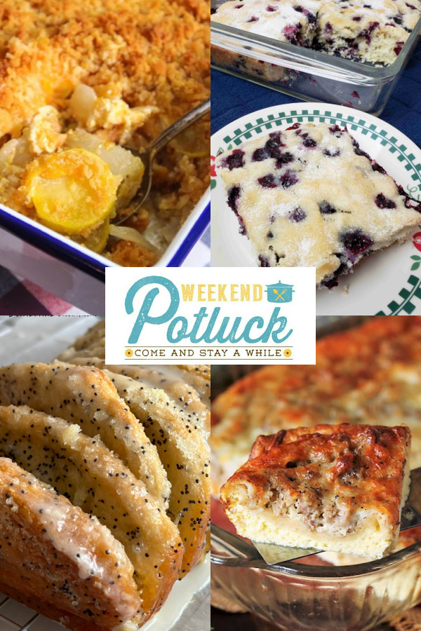 Four image collage showing a photo of each recipe featured - Exceptional Squash Casserole, Crescent Sausage and Egg Casserole, Overnight Blueberry Coffee Cake, and Lemon Poppy Seed Pull-Apart Bread.