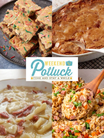 Four image collage showing a photo of each recipe featured this week - Chewy Chocolate Chip Blondies, Easy Ham Fried Rice, Peach Cobbler with Crackly Topping, and Ham Dumplings.