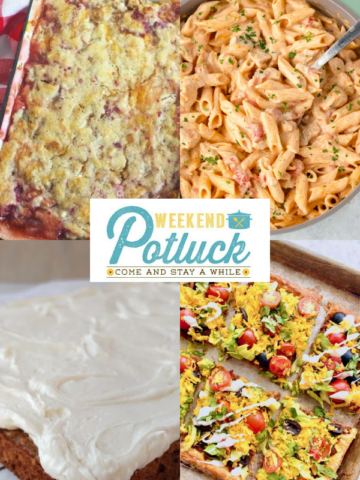 Four image collage showing a photo of each recipe featured this week — Sugar Cookie Peach Cobbler, Rotel Chicken Pasta, Sheet Pan Taco Pizza, and Oatmeal Cream Pie Bars.