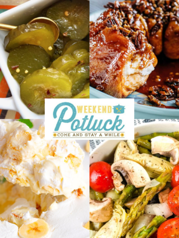 Four image collage showing a photo of each recipe featured this week — Fire and Ice Pickles, Butterscotch Coffee Cake, Easy Vegetable Salad, and Pound Cake Banana Pudding.