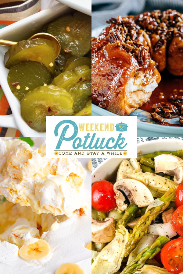 Four image collage showing a photo of each recipe featured this week &mdash; Fire and Ice Pickles, Butterscotch Coffee Cake, Easy Vegetable Salad, and Pound Cake Banana Pudding.