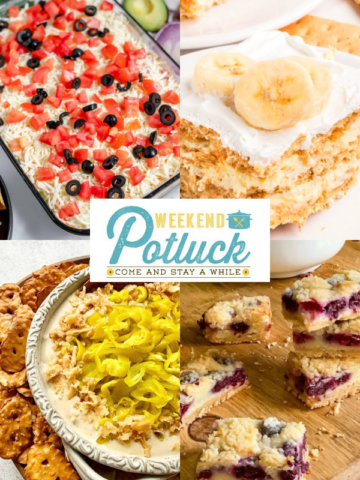 Four image collage showing an photo of each recipe featured this week — 7 Layer Dip, Mississippi Pot Roast Dip, Blackberry Pie Bars, and Banana Pudding Eclair Cake.