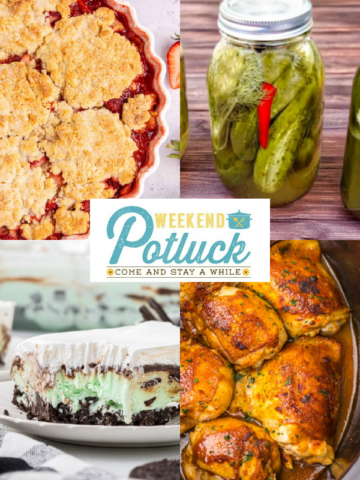 Four image collage showing a photo of each recipe featured this week — Gluten Free Strawberry Cobbler, Sun Pickles, Grasshopper Ice Cream Pie, and Crock Pot Dr Pepper Chicken Thighs.