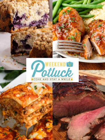 Four image collage showing a photo of each recipe featured this week — Blueberry Coffee Cake, Old Fashioned Apricot Chicken, Cheesy Burrito Casserole, and London Broil Marinade.