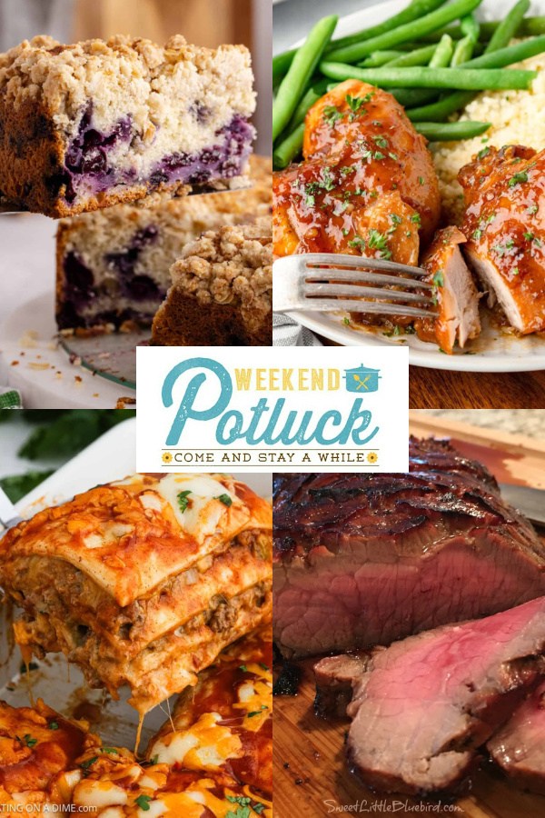Four image collage showing a photo of each recipe featured this week — Blueberry Coffee Cake, Old Fashioned Apricot Chicken, Cheesy Burrito Casserole, and London Broil Marinade.