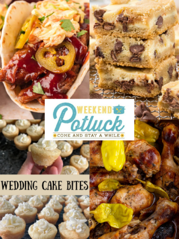 Four image collage showing a photo of each recipe featured — Slow Cooker BBQ Beef Tacos, Cheesecake Chocolate Chip Cookie Bars, Wedding Cake Bites, and Crock Pot Mississippi Chicken Legs.