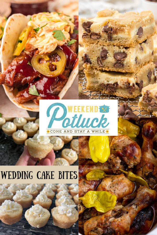 Four image collage showing a photo of each recipe featured — Slow Cooker BBQ Beef Tacos, Cheesecake Chocolate Chip Cookie Bars, Wedding Cake Bites, and Crock Pot Mississippi Chicken Legs.