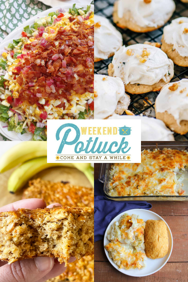 Four image collage showing a photo of each recipe featured this week — Great Grandma's Cabbage and Potato Casserole, Zucchini Cookies with Cream Cheese Frosting, Oatmeal Banana Breakfast Bars, and Carolina Dreaming Salad with Warm Bacon Dressing.