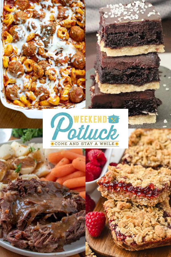 Four image collage showing a photo of each recipe featured this week &mdash; Tortellini Meatball Bake, Golden Gate Bars, Raspberry Oatmeal Bars, and Crock Pot 3 Packet Pot Roast.