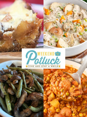 Four image collage showing a photo of each recipe featured this week —  Apple Squares, Cowboy Stew, Slow Cooker Chicken Stew, and Oven Roasted Green Beans and Mushrooms.