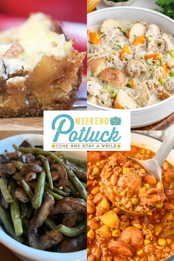 Four image collage showing a photo of each recipe featured this week — Apple Squares, Cowboy Stew, Slow Cooker Chicken Stew, and Oven Roasted Green Beans and Mushrooms.
