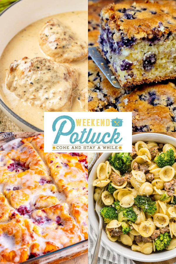 Four image collage showing a photo of each recipe featured this week — Chicken Au Poivre, Lemon Blueberry Corn Squares, Italian Sausage and Broccoli Pasta, and Blackberry Butter Swim Biscuits.