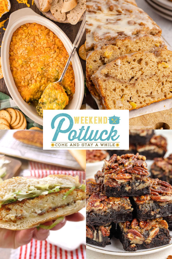 Four image collage showing a photo of each recipe featured this week — Southern Broccoli Casserole, Apple Fritter Quick Bread, Pecan Pie Brownies, and Chicken Sandwich Patties.