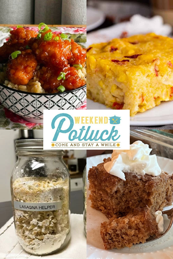 Four image collage showing a photo of each recipe featured this week — Mexican Corn Casserole, Hamburger Helper Lasagna Mix, Baked Sweet & Sour Chicken, and Apple Cider Wacky Cake.