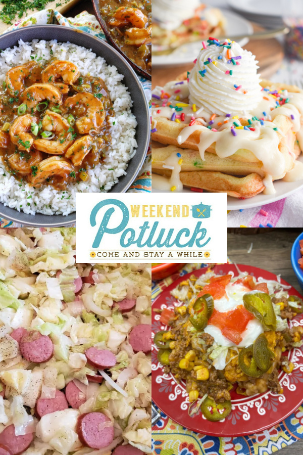 Weekend Potluck Party photo collage with pictures of all the featured recipes -Cabbage and Smoked Sausage, Cake Mix Waffles, Easy Mexican Ground Beef Casserole and Shrimp Delicate Cajun Shrimp & Rice.