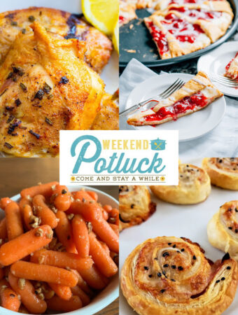 Photo collage of this week's features - Air Fryer Rosemary Chicken Thighs, Cherry Cream Cheese Crescent Ring, Ham and Cheese Pinwheels and Skillet Maple-Glazed Carrots with Pecans.