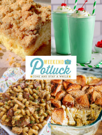 Photo Collage of the four features for Weekend Potluck 520 -Copycat Entenmann's Crumb Coffee Cake, Classic Tuna Casserole, Shamrock Shake and Cajun Pastalaya.