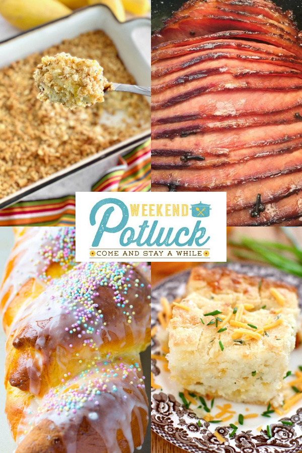 photo collage with 4 photos of our features -The Best Squash Casserole, Italian Easter Bread, Baked Ham with Coca-Cola Glazed and Cheddar Garlic Butter Dip Biscuits