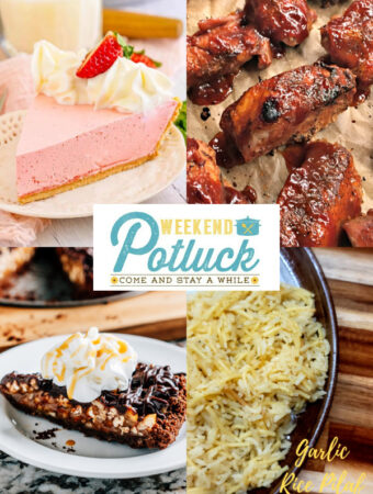 Collage photo with 4 pictures of each feature -Strawberry Jello Pie, Garlic Rice Pilaf, Gooey Chocolate-Caramel Fantasy and Slow Cooker Coca-Cola  BBQ Country- Style Ribs.